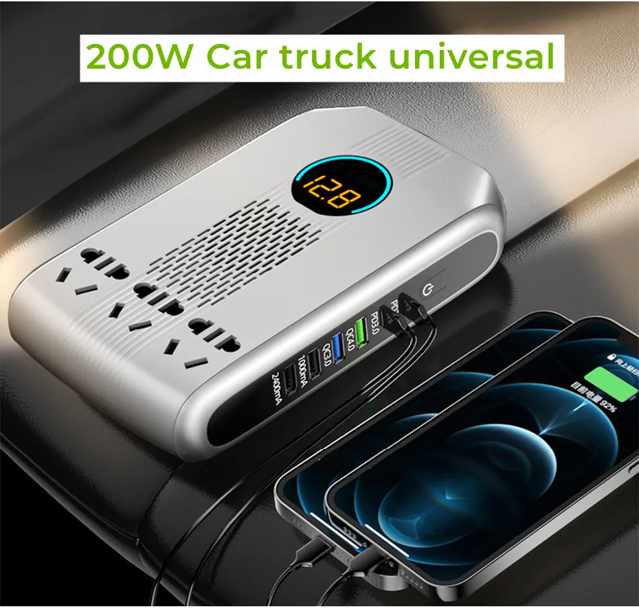 

3-Sockets 6 USB QC3.0/4.0 PD3.0 Car Inverter DC 12V/24V 220V All In One Car Charger Phone Fast Charging Station Power Adapter