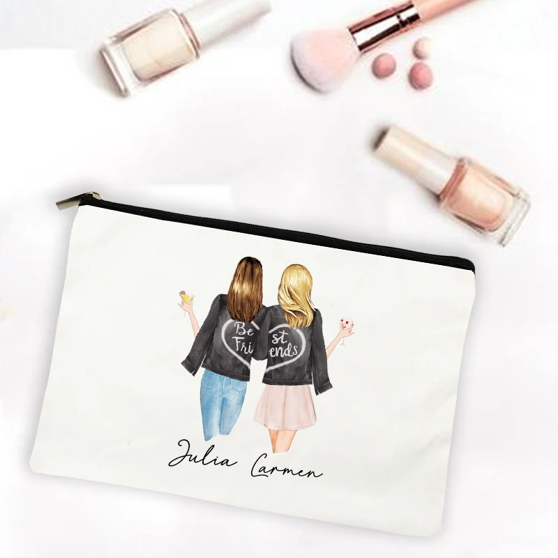 Best Friend Cartoon Girl Print Makeup Bags Personalized Custom Name    Cosmetic Pouch Travel Toiletry Organizer Gifts for Friend