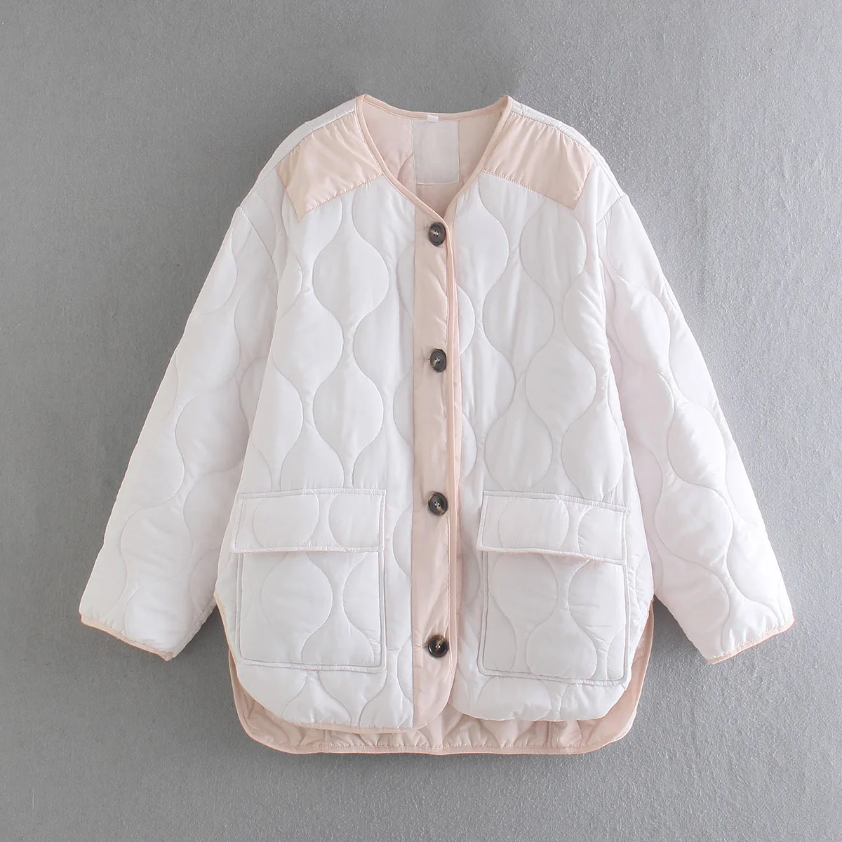 

Spring 2022 Vintage Women's Quilted Coat Button-down Long Sleeve Pink-and-white Patchwork Casual Coat