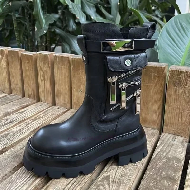 Martin Boots Women's 2022 New Round Head Zipper Decoration Thick Heel Thick Bottom Mid-boots Casual Short Boots for Women