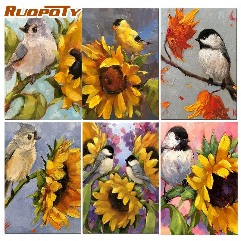 

RUOPOTY DIY Paint By Numbers Sunflower Bird Handpainted Paintings By Number Scenery Painting Numbers Wall Art