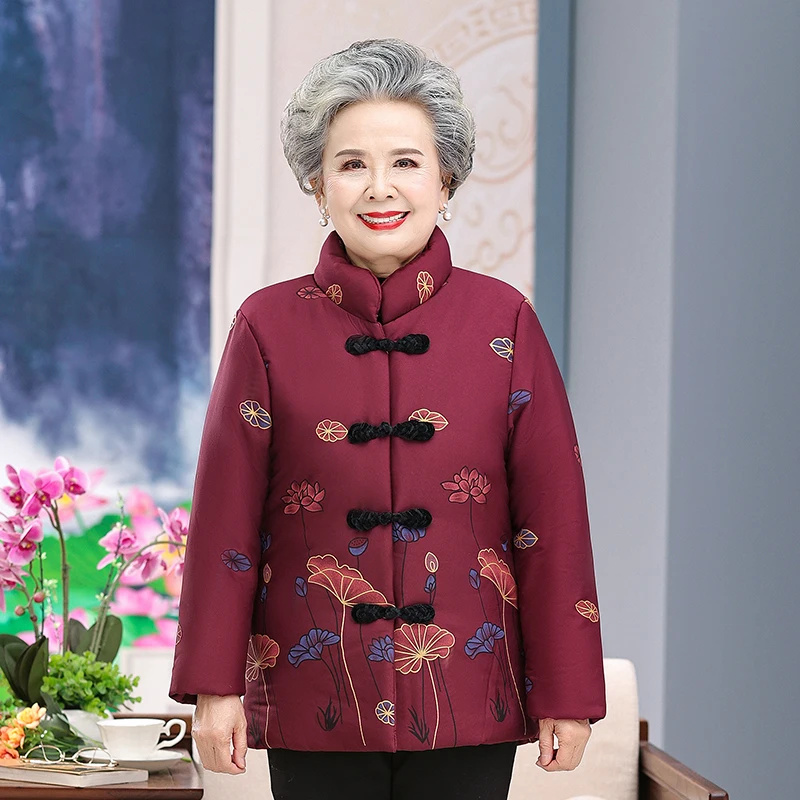 Grandma Winter Jacket Women Plus Velvet Printing Cotton Padded Coat Thicken Short Lamb Jacket Middle-aged Female