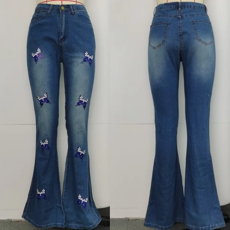 Butter Fly Print Indie Aesthetic Flare Jeans 5XL Vintage Y2K Stretchy Skinny Melody Denim Pants Wide Leg Bell Bottoms Oversize