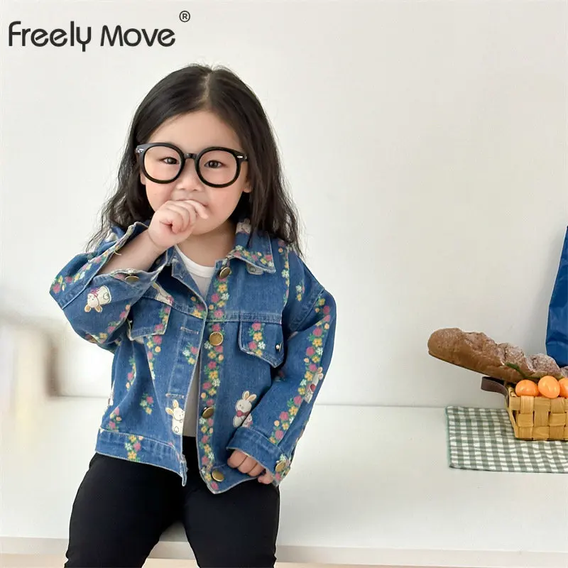 

New Spring Autumn Kids Denim Jackets for Girls Baby Cartoon Flower Coats Fashion Child Kids Outwear Cute Jeans Jackets