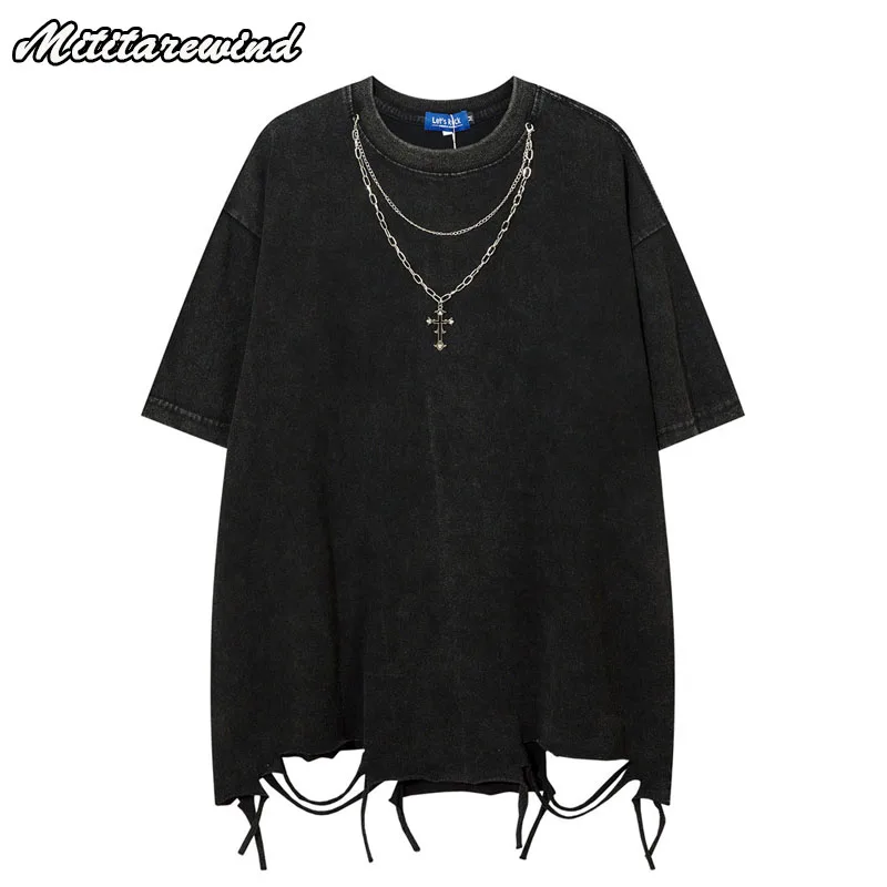 Мужская Летняя одежда в стиле хип-хоп с эффектом потертости, мужское ожерелье в стиле High Street с перекрестными вставками, свободные однотонные повседневные Модные парные футболки