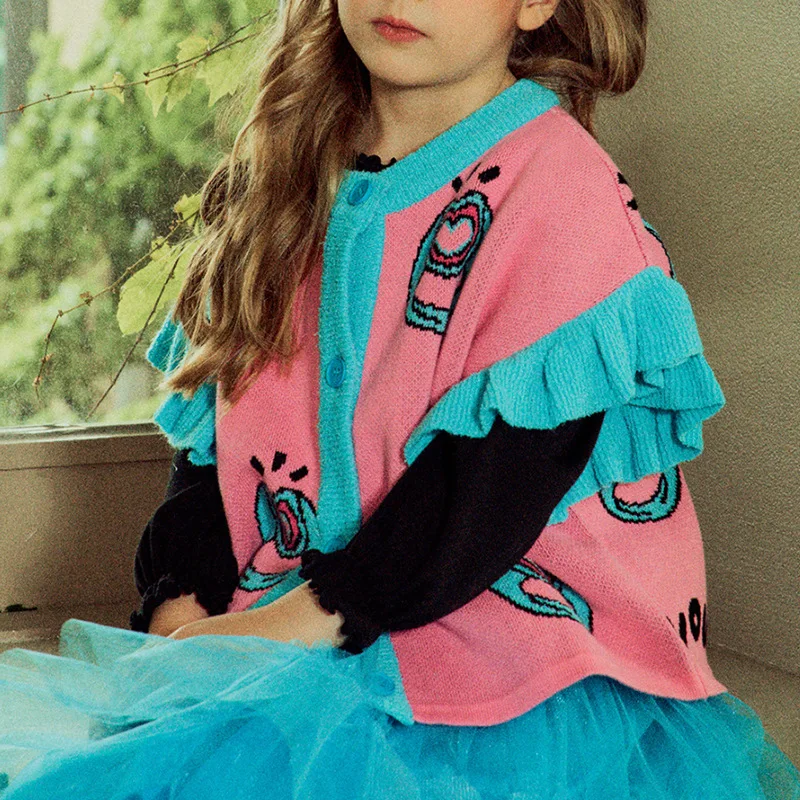 Girls Knitted Vest 2022 Autumn New Print Korean Girls Sweater Fashion Blue Girls Yarn Skirt Cotton T-shirt Children's Clothing