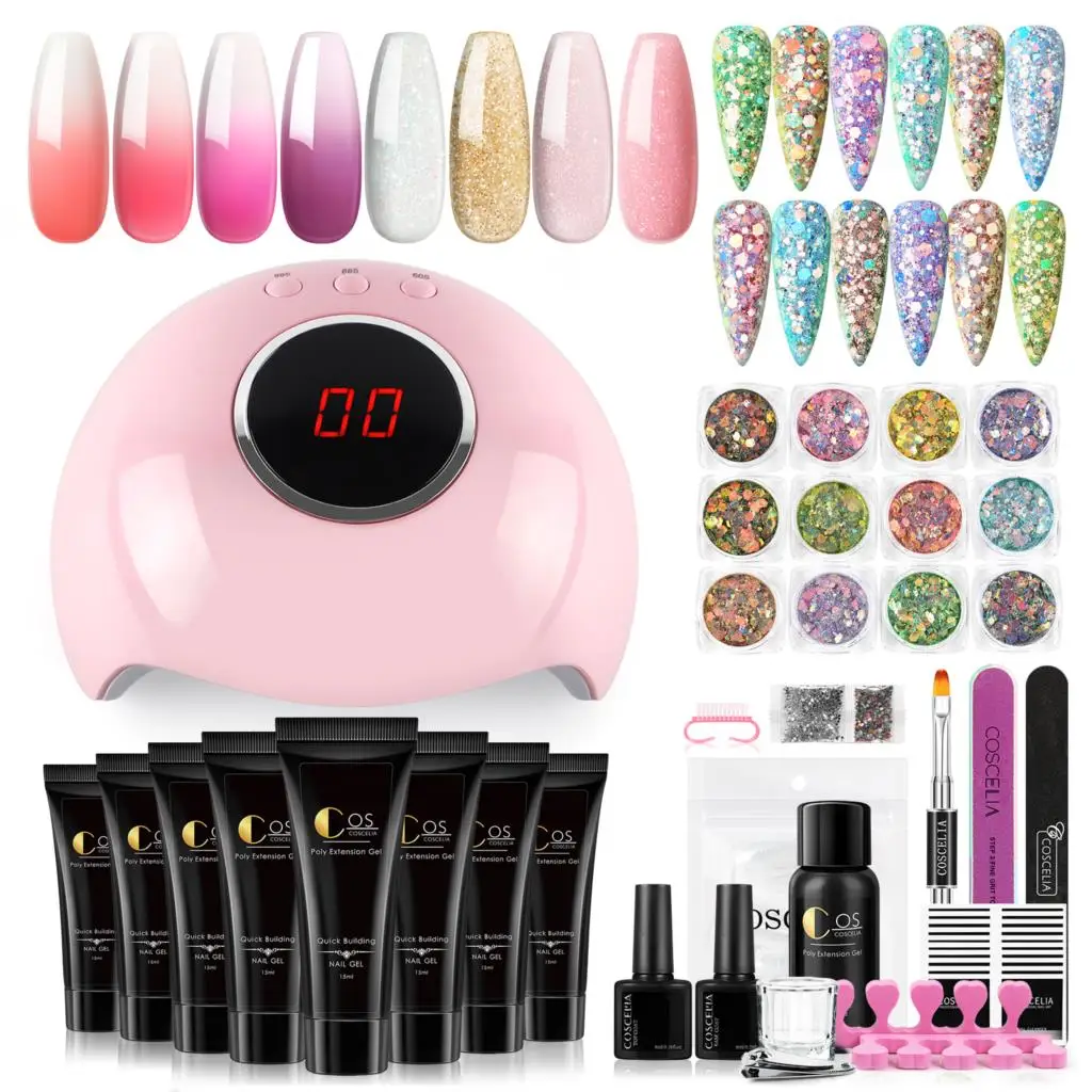 

UV Poly Nail Gel Kit UV/LED Lamp Nail Extension Gel Magnetic Effect Acrylic Gel Set with Slip Solution Glitter Powder Nail Art