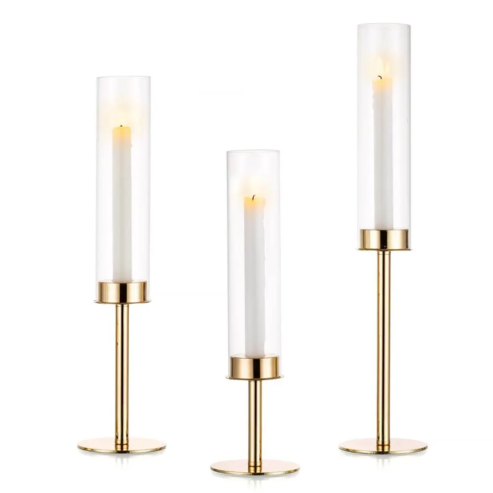 

Золотая фотография со стеклом Hurricane, высокий Латунный Подсвечник для свадебного стола, набор из 3 предметов