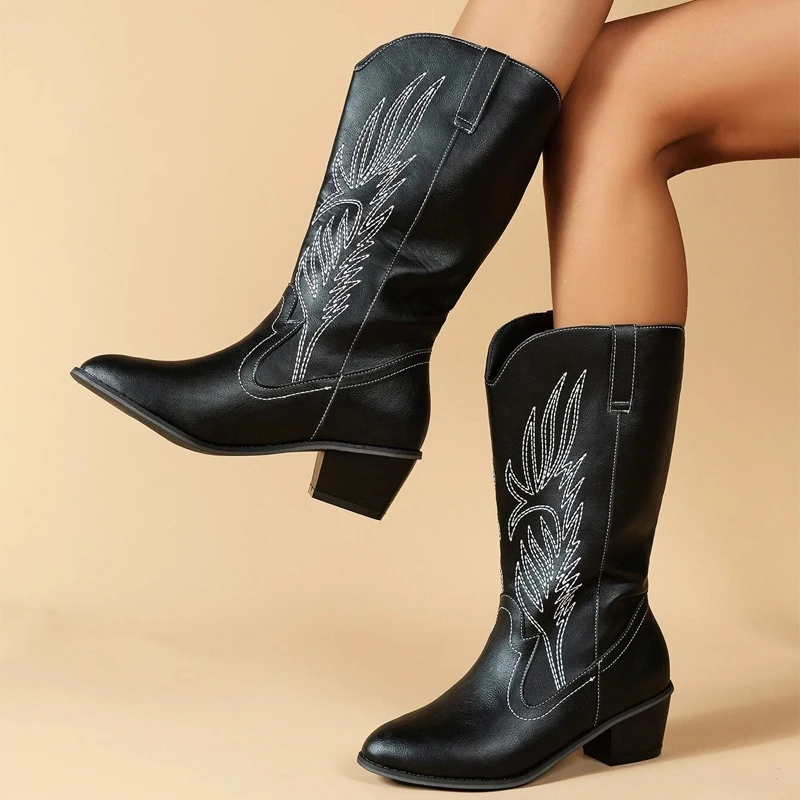 

Women Winter Boots 2022 Pu Leather Wedge High Heel Cowboy Western Boots Totem Gingham Shoes Outdoor Mid-Calf Slip-On Women Shoes