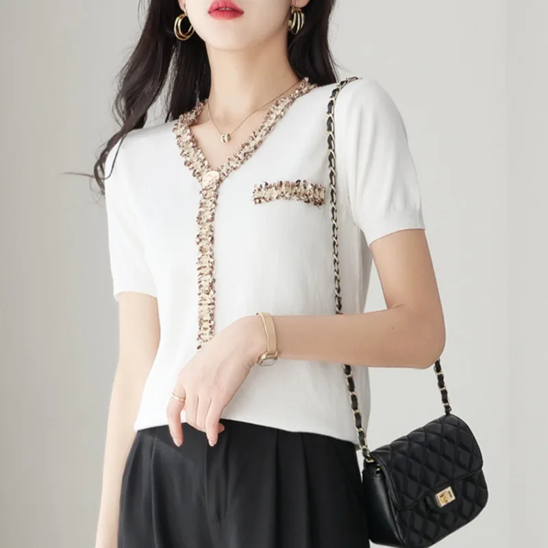 

Thin Ladies Sweater 2022 A-linemoi Women's Fashion Short Sleeve V-neck T-shirt