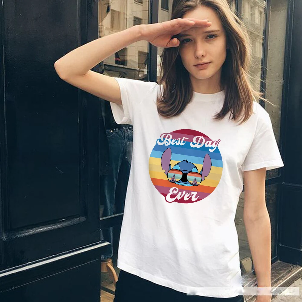 

Disney T-shirt Femme Stitch and Sunglasses Print French Fashion Vetement Summer Street Casual Basic Tops Oversized T Shirt Women