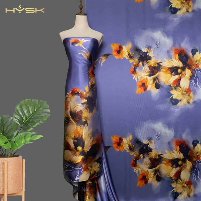 HYSK 100% Шелковая Атласная Ткань Шармез Из Натурального Цветочного Узора Шириной 114