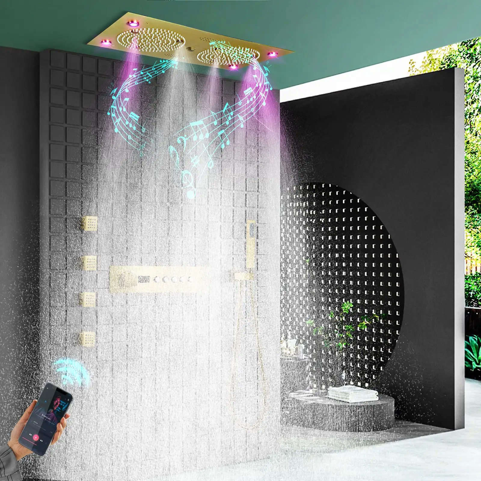 Фото Музыкальный душевой набор Laskin 620*320 мм со скрытым LED-освещением, постоянной температурой и цифровым LED-дисплеем для ванной комнаты №4