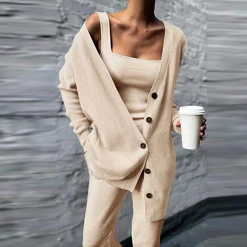 

Women Three Piece Set Tank Tops+Long Cardigan Coat +Long Pants Matching Suit Autumn Spring Casual Knitted Outfit Tracksuit Mujer
