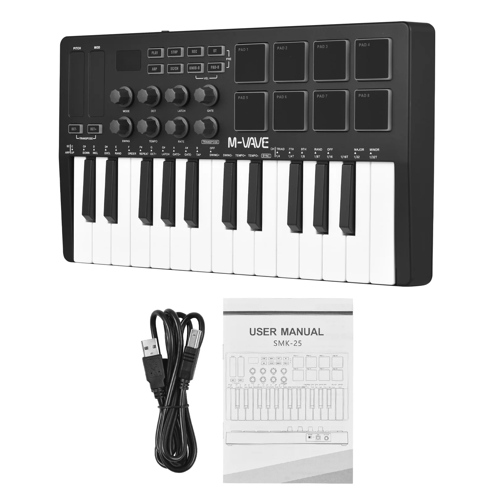 Контроллер M-VAVE II Mini MIDI Pad с 25 клавишами 16 барабанных колодок RGB 8 ручек