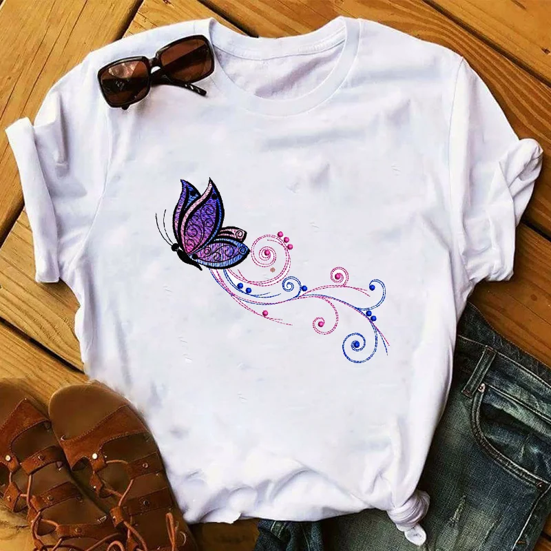 

Women 2021 Cartoon Butterfly Elegant Fashion T Shirt Womens Top Aesthetic Clothes Ladies Graphic Tshirts Female Tee T-Shirt