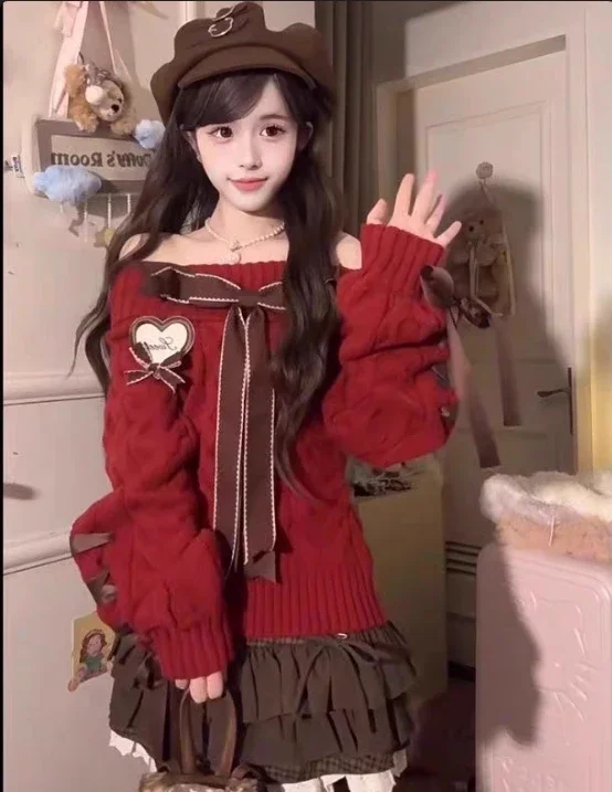 Рождественские красные милые крутые свитера женские облегающие с открытыми