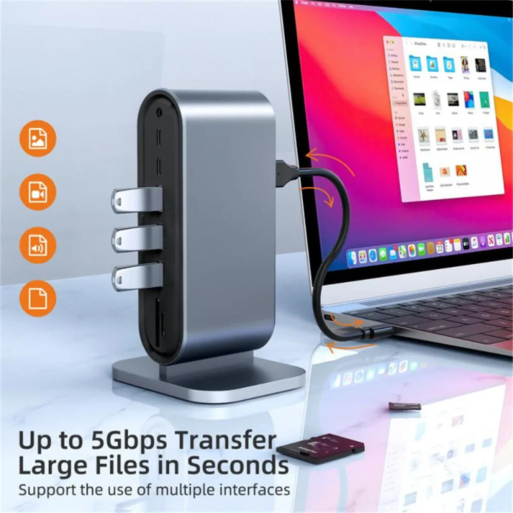 Фото Вертикальная док-станция 12-в-1, USB-концентратор типа C, разветвитель HDMI 4K30 Гц/LAN 100M/USB3.0, 5 Гбит/с/VGA 1080P/PD100W для ноутбука MacBook №5