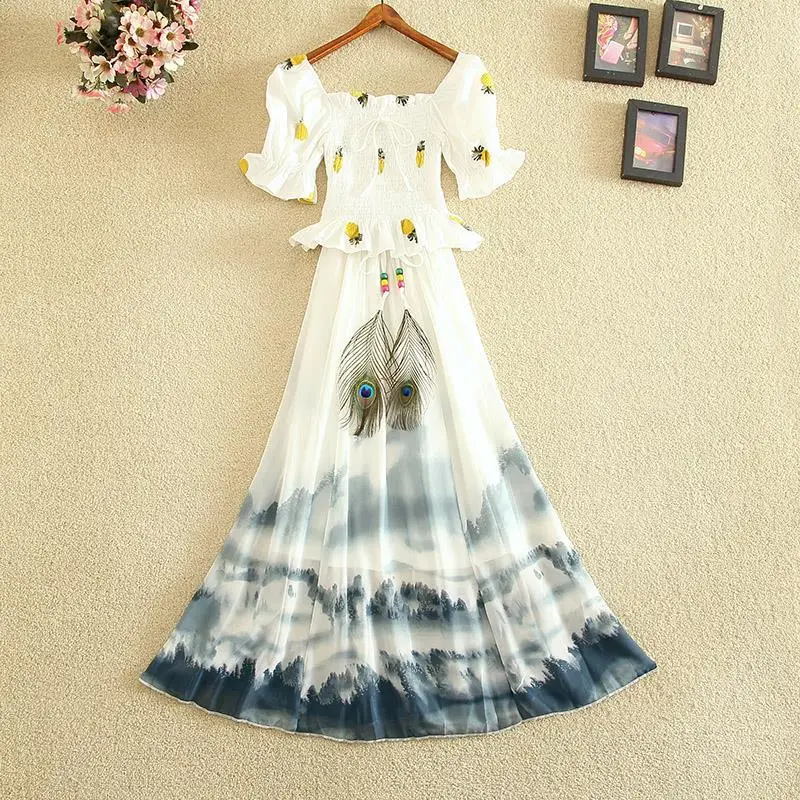 

Летний Новый Модный женский костюм в западном стиле, темпераментная тонкая сказочная юбка из двух частей с принтом и коротким рукавом для ж...