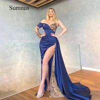 royal blue satin high split evening dresses crystal one shoulder sweetheart prom dress sexy dubai party gown detachable train