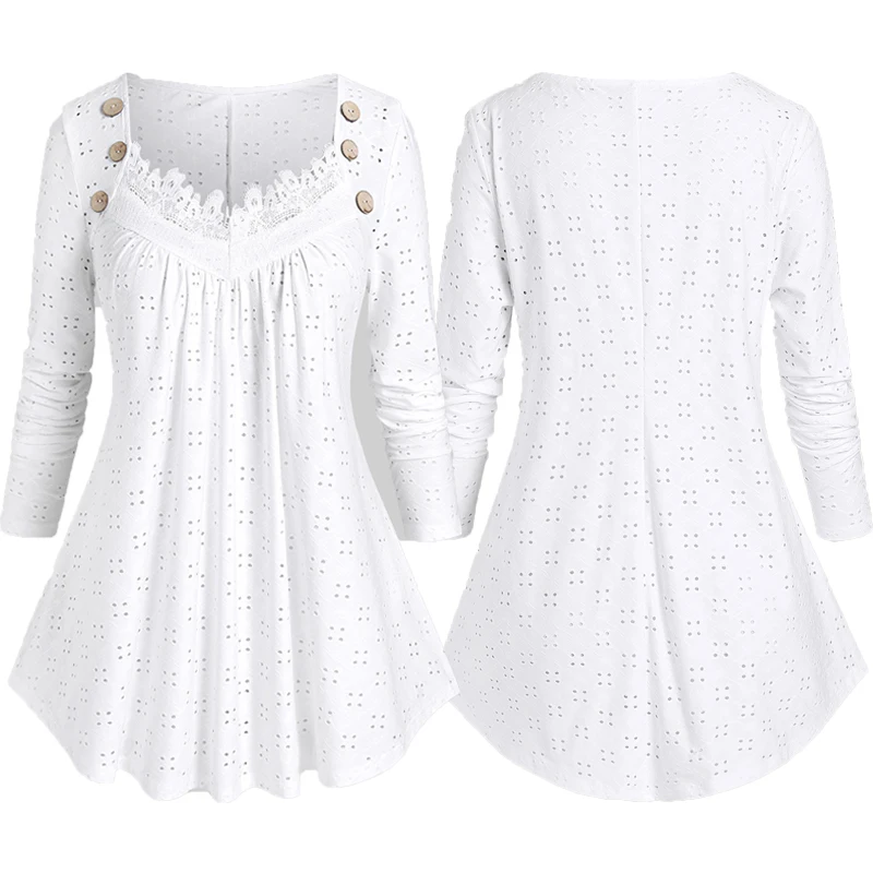 

Female Eyelet Top White Sweetheart Neck Broderie Anglaise Lace Trim Tees Women Spring Fall Casual T Shirts Clothing 4XL