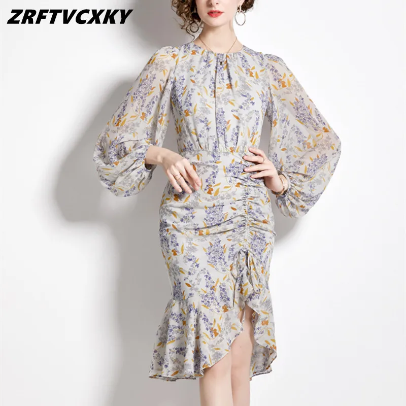 

ZRFTVCXKY Runway Vintage Printing Mermaid Dresses For Women New Autumn Elegant Design Lantern Sleeve Shirring Holidays Dress