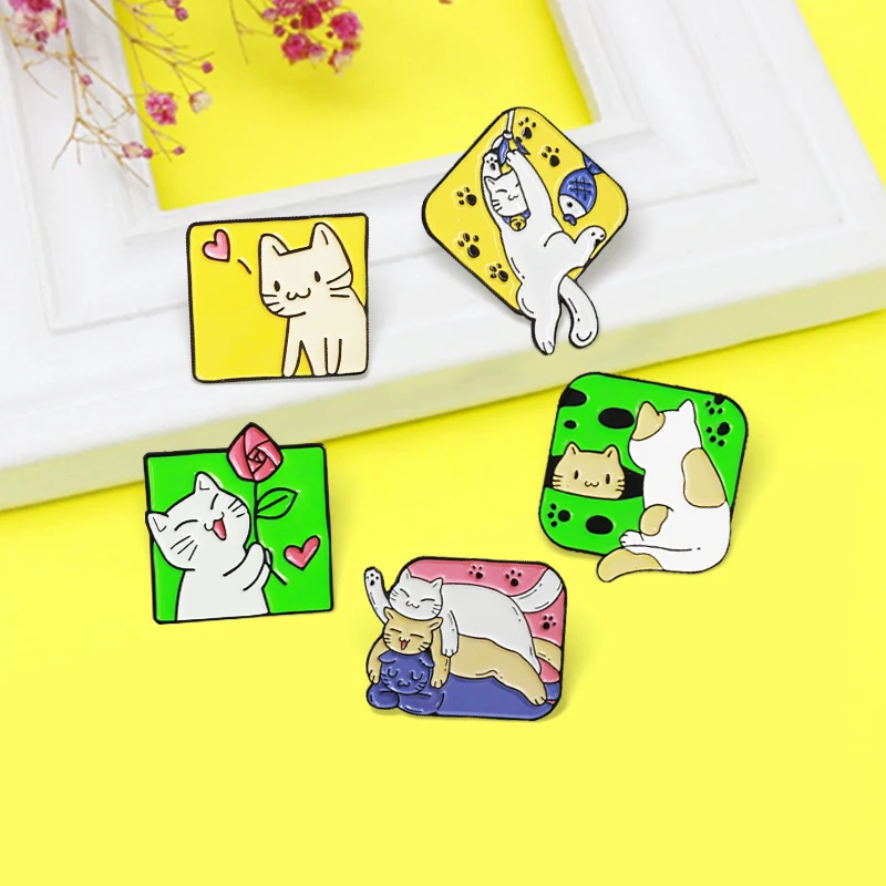Colorful Cat Animal Enamel Pin Rose Love Fishing Sleep Play  games Cats Club Kitten Brooch Lapel Badge Jewelry for Kid Friend