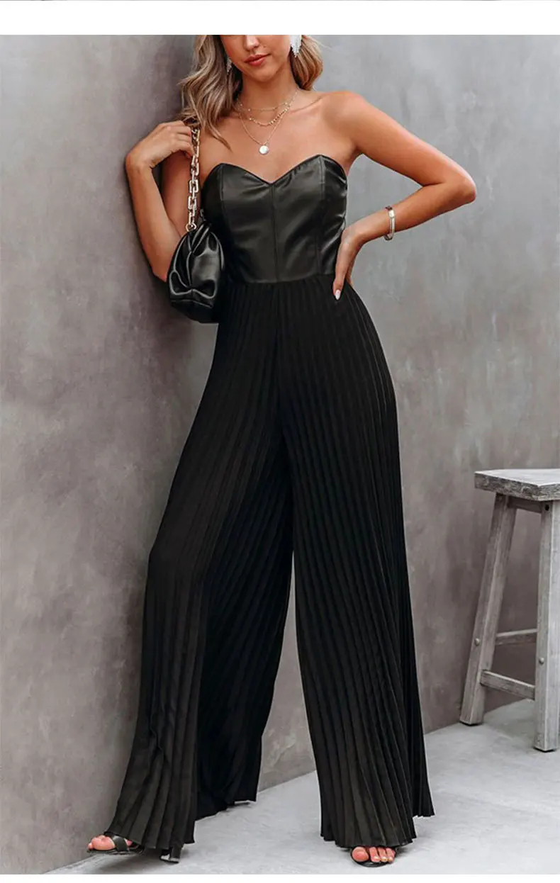 

Sexy Strapless Tube Pleated Jumpsuit Elegant Women PU Leather Patchwork Loose Slim Jumpsuits 2022