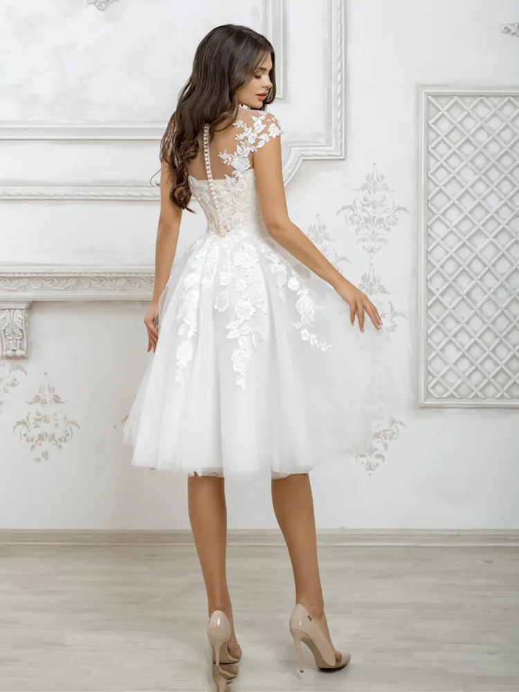Short Wedding Dresses 2021 White For Women Cap Sleeve Lace  Appliques Boho Bridal Dress Princess Cute Robe De Mariée Illusion