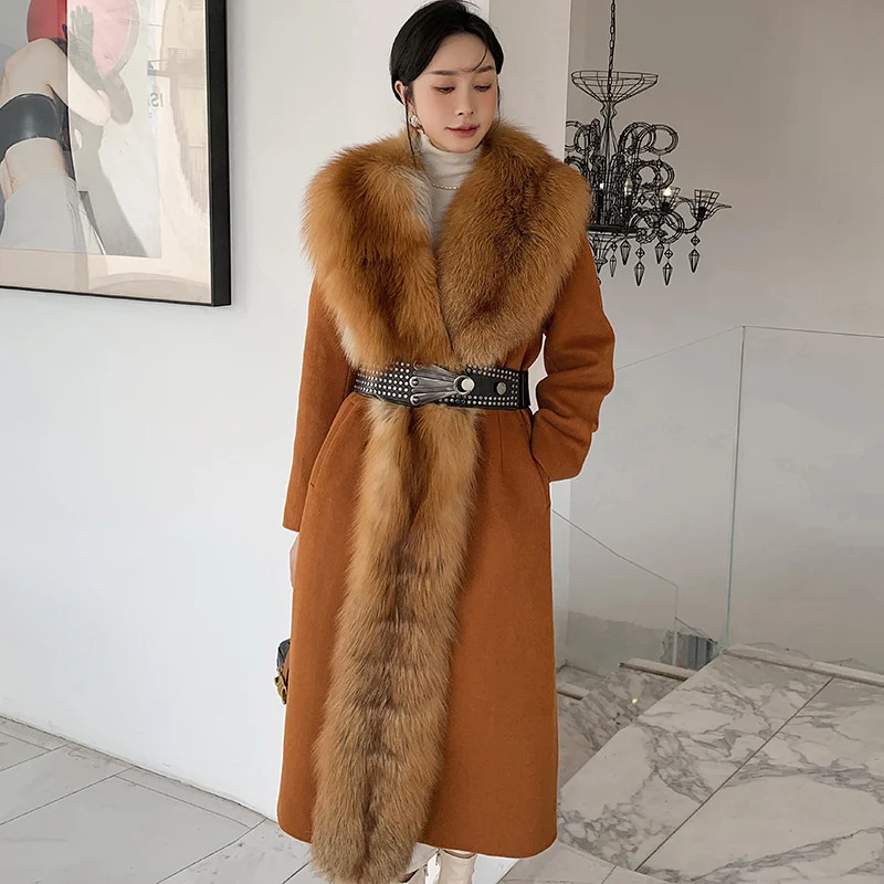 

High Quality Red Fox Fur Coat Women's Long 2023 Winter Temperament Retract Waist Slim Down Warm Real Fur Windbreak Office Lady