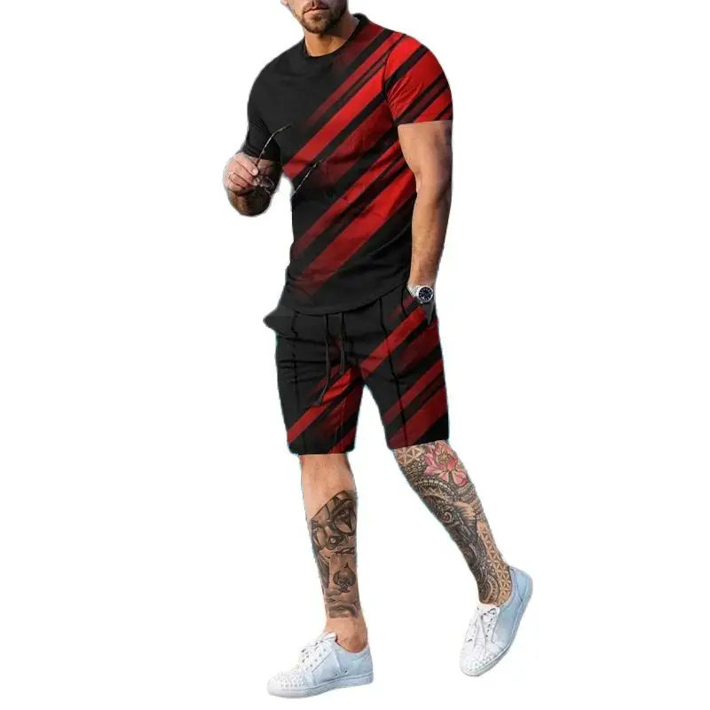 

2023 Men Spring Summer Sportswear Streetwear 3D Printing O-Neck Short Sleeved T-shirt Trend Shorts Casual Oversized 2 Pieces Set