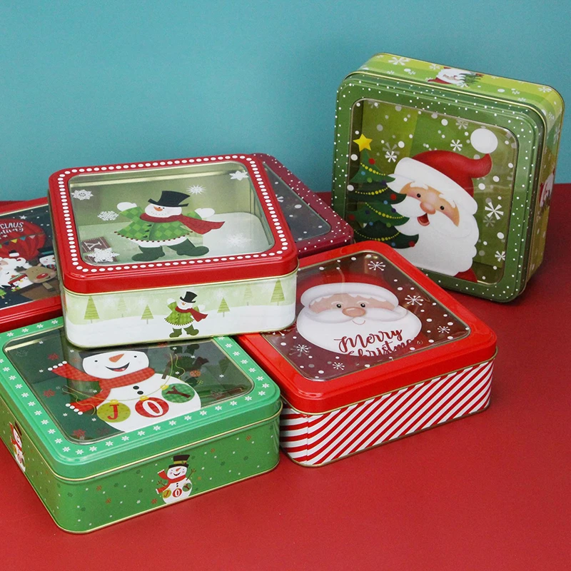 

New Christmas Tin Box Skylight Tinplate Box With Lid Tinplate Cookie Mousse Cake Packaging Square Santa Claus Pattern Box