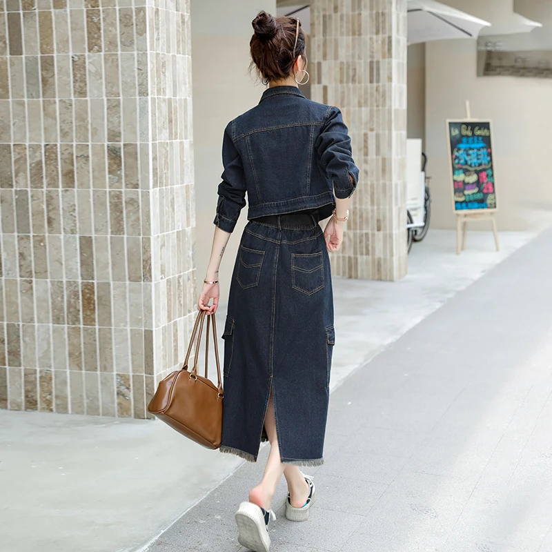 Комплект из двух предметов с юбкой Женский Осенний джинсовый пиджак и платье