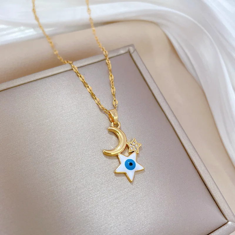 

New Design Star Moon Evil Eye Pendant Necklace for Women Fashion Statement Jewelry Birthday Lucky Choker Chain Friendship Gifts