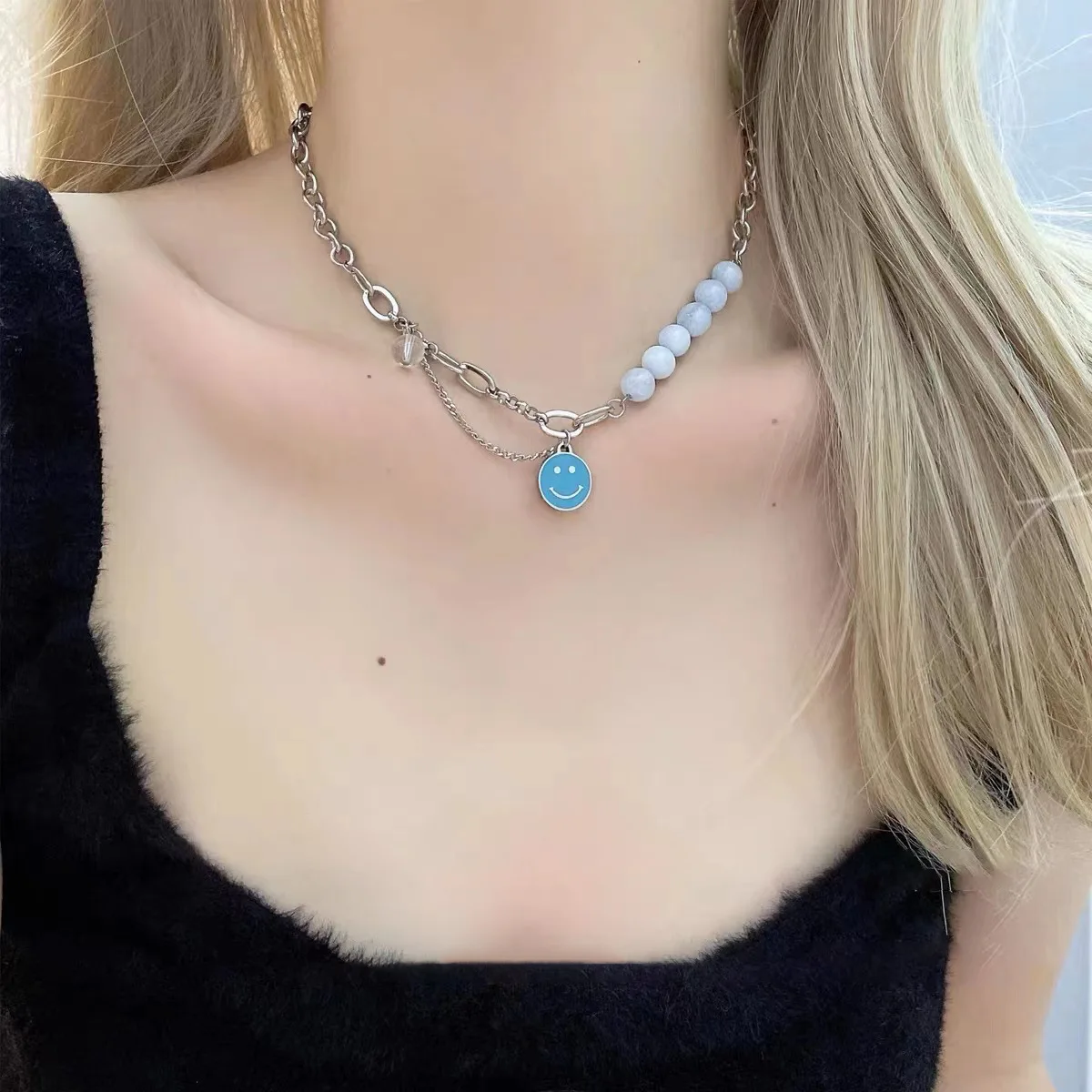 

Smile Face Necklace for Women Girls,Dainty Silver Plated Two Layered Paperclip Chain Link Smiley Face Choker Necklaces for Women