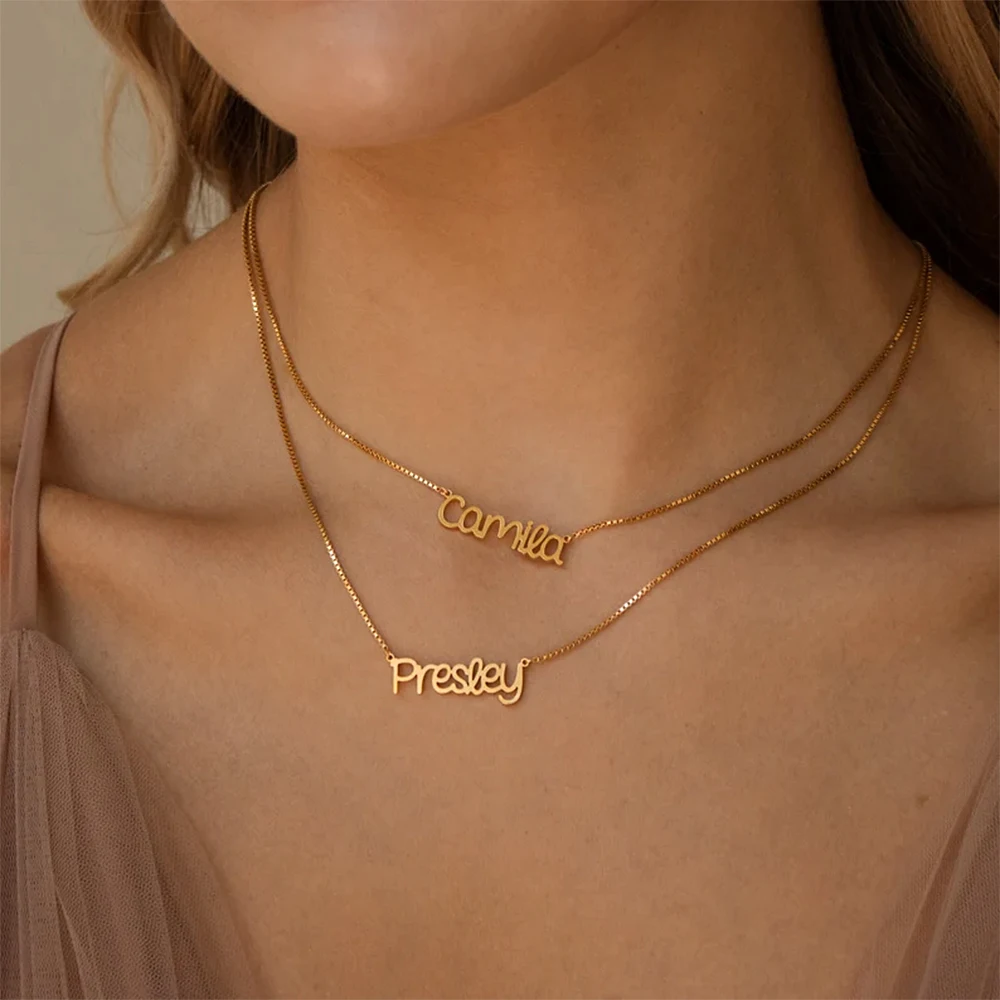 Custom Double Name Necklace for Women Personalized Couple Stainless Steel Jewelry Gold Double Box Chain Nameplate Pendant Choker