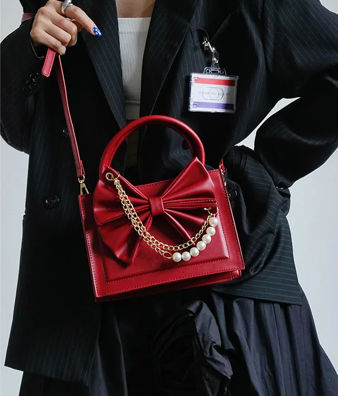 Luxury Design Women Square Shoulder Bags Pearl Chain Ladies Bowknot Clutch Purse Handbags Female Red Small Tote Crossbody Bag
