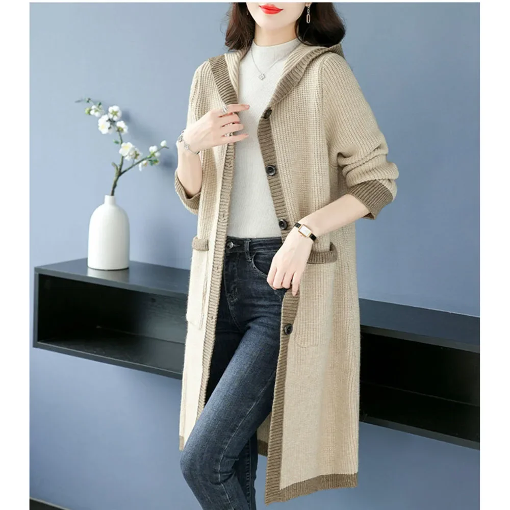 Женский вязаный свитер с капюшоном длинный шерстяной кардиган свободного покроя