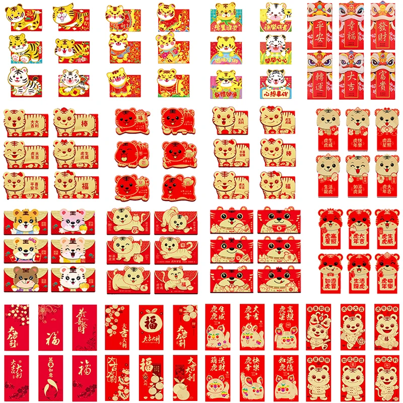 

6 шт. 2022 китайские красные конверты год Тигра HongBao Подарочный пакет счастливые деньги карманы для нового года тигра Весенний фестиваль