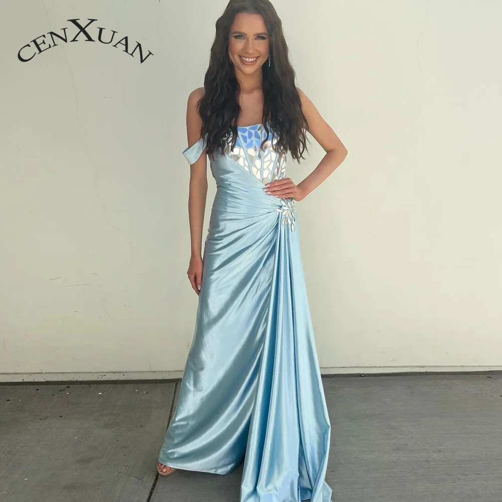 

CENXUAN Modern Pleat Evening Gowns Scoop Neck Sequined Off The Shouder Backless A-line Vestido De Noche 2023 Personalised