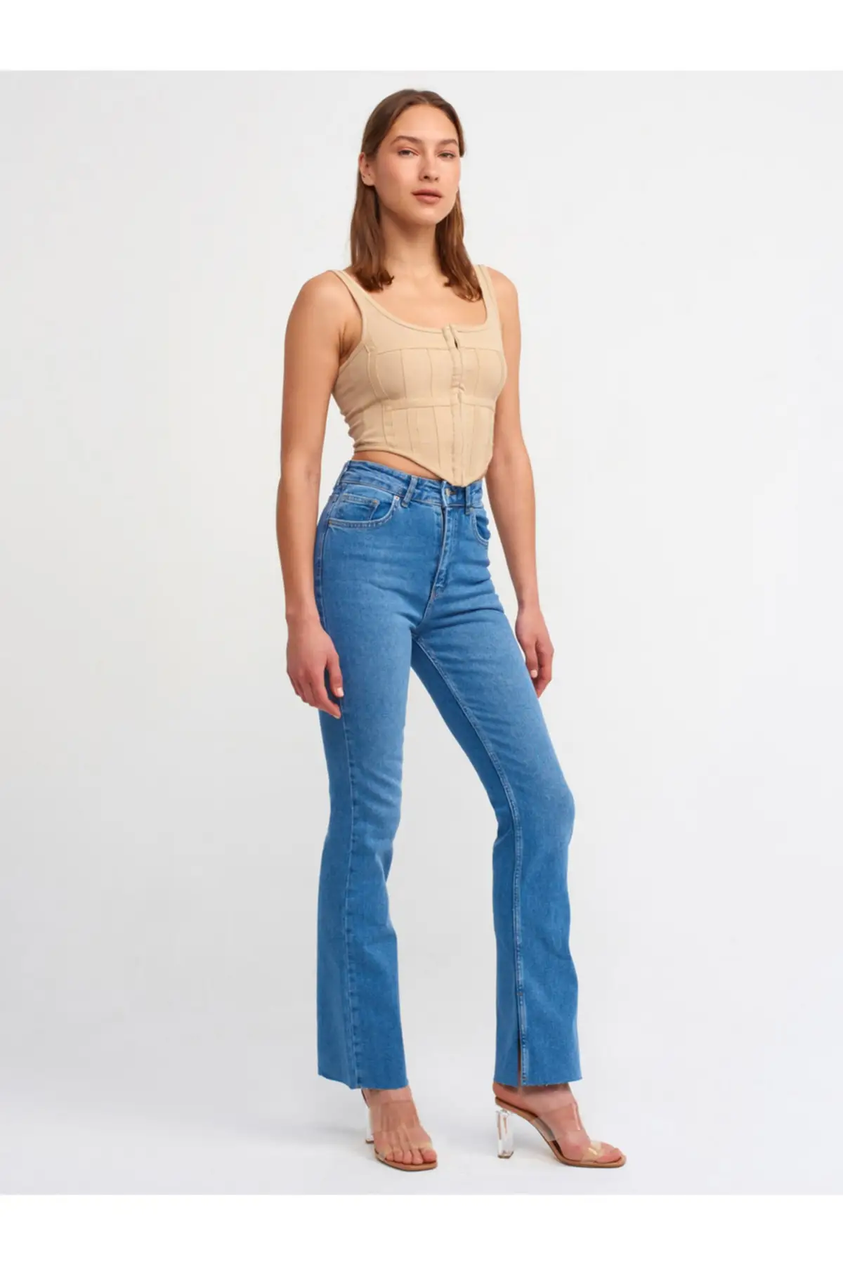 

Women's Jean Side Cut Flare Trousers Blue Full Length Straight Pant Streetwear Female Buttons Zipper Ladies