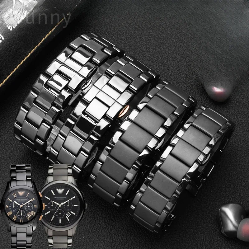 Фото Глянцевые керамические ремешки для часов Armani с изогнутым интерфейсом Ar1451//1400//1421/1440, прочный деловой удобный черный ремешок для часов №1