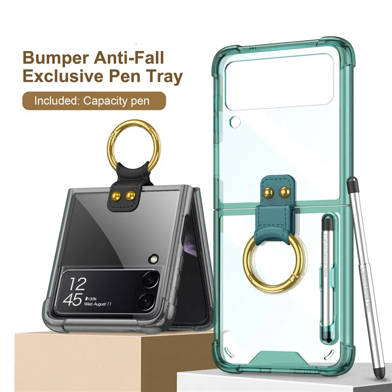 

Stylus Pen With Finger Key Ring Case for Samsung Galaxy Z Flip 3 5G Transparent Ring Stand Shockproof Back Cover