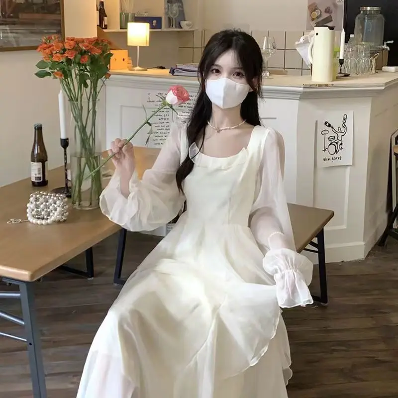 

Женское платье SLPBELY, Новинка лета 2023, французское суперсказочное белое платье с квадратным вырезом, темпераментное женское платье с оборкам...