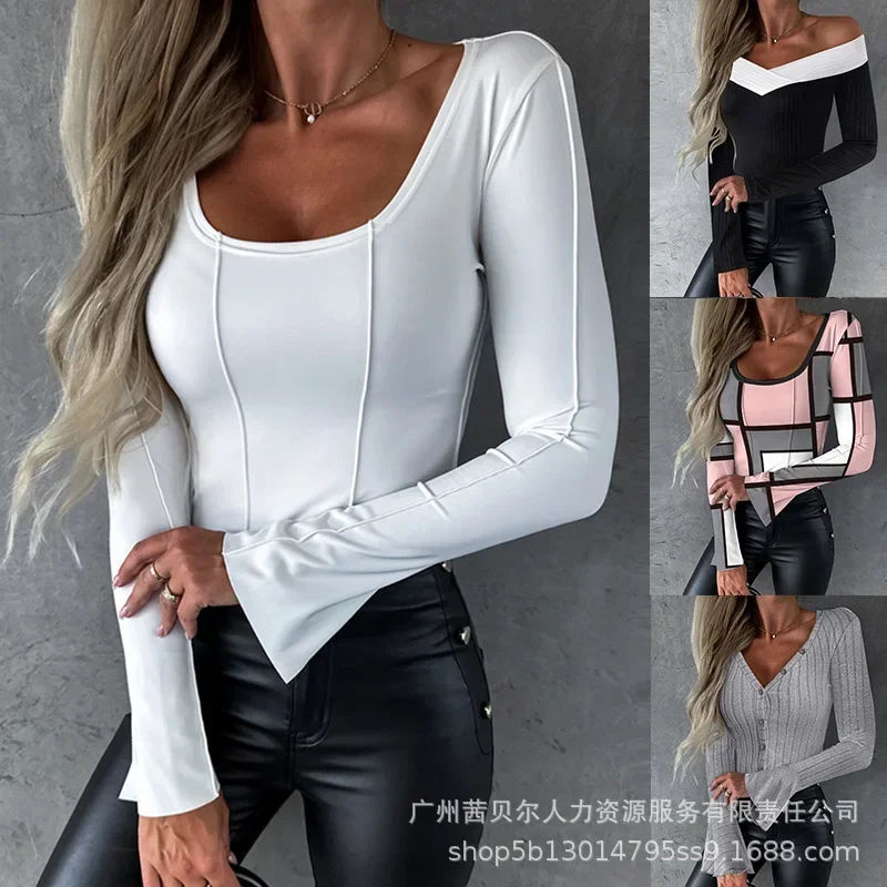 

Round Neck Solid Full Sleeve Women Tees Sheath Regular Casual Autumn Tops Splice Slim Fit Ladies 2023 Pleated T Shirts