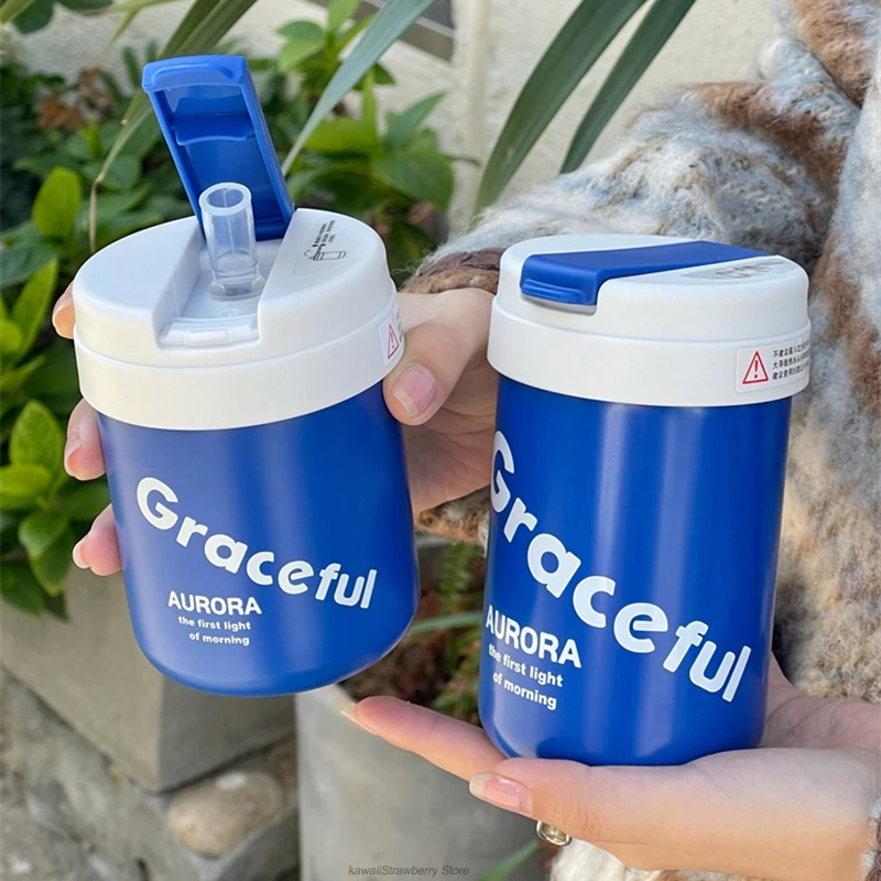 

300/400ml Cute Thermo Bottles For Coffee Insulated Stainless Steel Travel Thermal Drinking Bottle Ins Simple Tumbler With Straw
