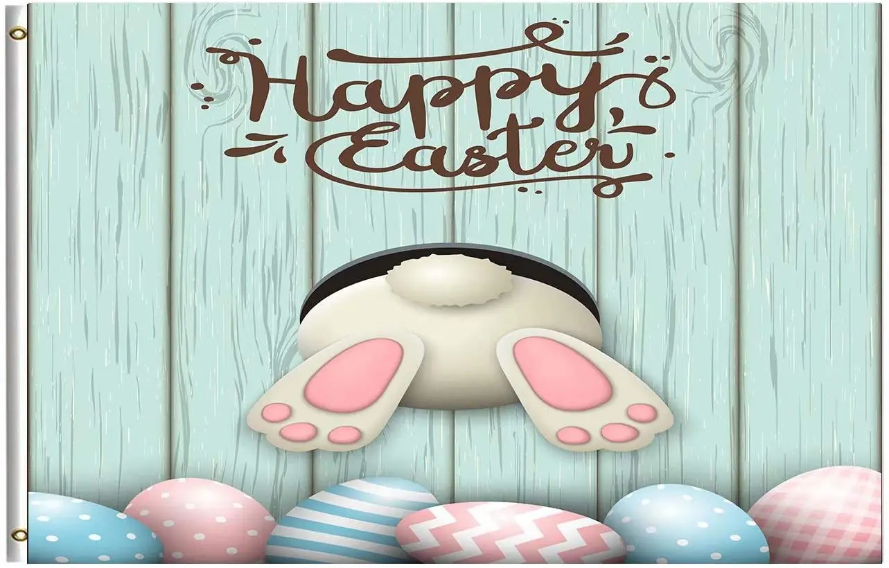 

Happy Easter Flag Bunny Tail Rabbit Easter Eggs Flags Welcome Spring Garden House Flag Banner for Easter Decor, Single Sided