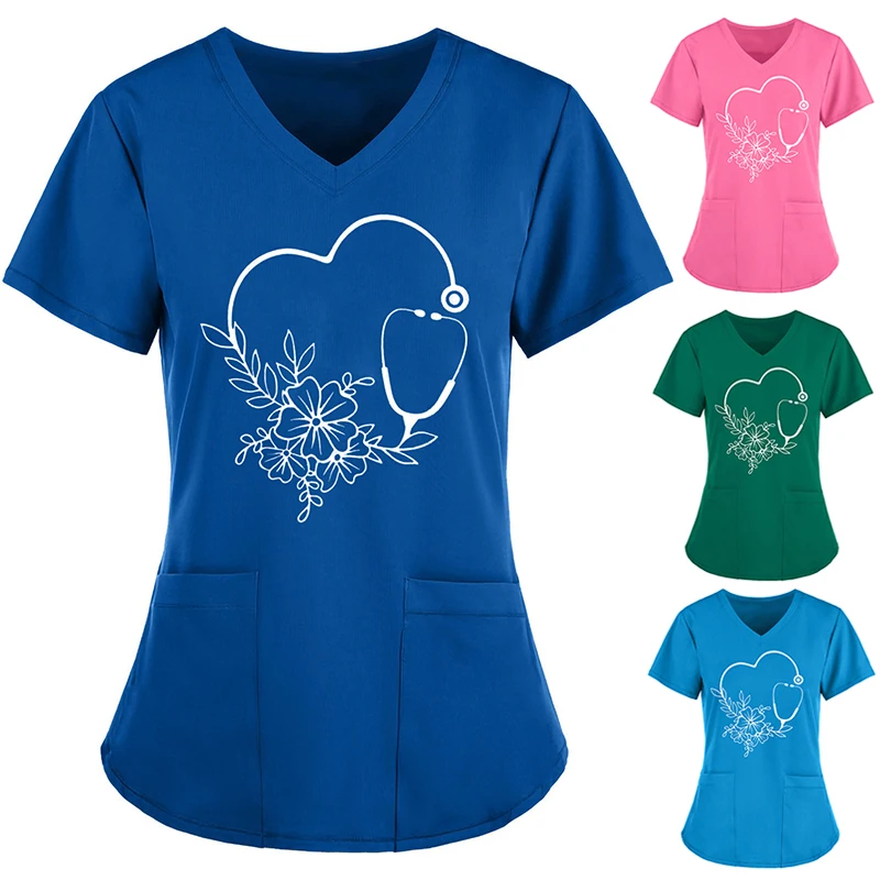 

5XL Women's Summer Short Sleeve V-Neck Pocket Care Workers T-Shirt Tops Printed Nurse Uniform Clinic Blouse Scrub Work Clothes