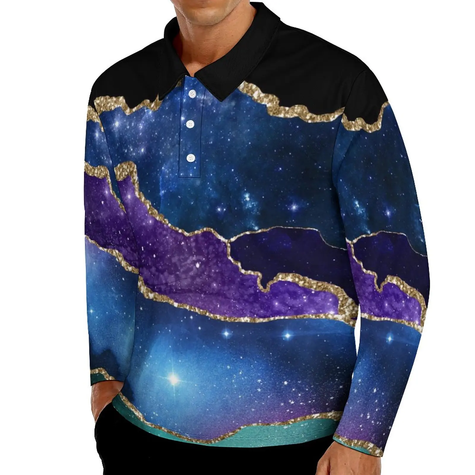 

Золотые блестящие мраморные повседневные футболки, мужские фиолетовые рубашки-поло с длинным рукавом и принтом в виде бисера, крутая рубаш...