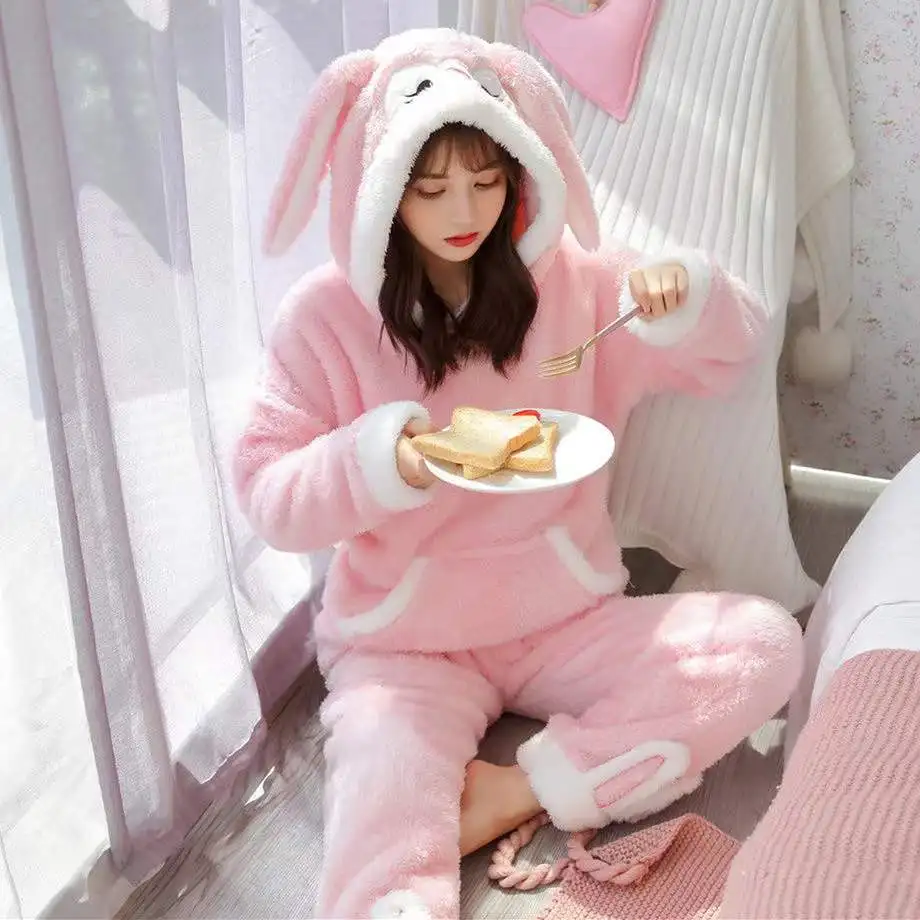 Winter Women Hooded Pajama Sets Cute Rabbit Sleepwear Home Clothing Flannel Thicken Warm Lounge Long Sleeve Home Wear